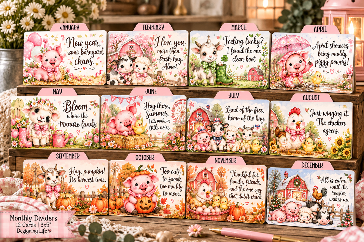 Farm Animals Monthly Dividers | 12 Laminated 3x5 Index Card Tabs