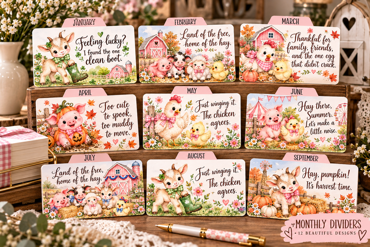 Farm Animals Monthly Dividers | 12 Laminated 3x5 Index Card Tabs