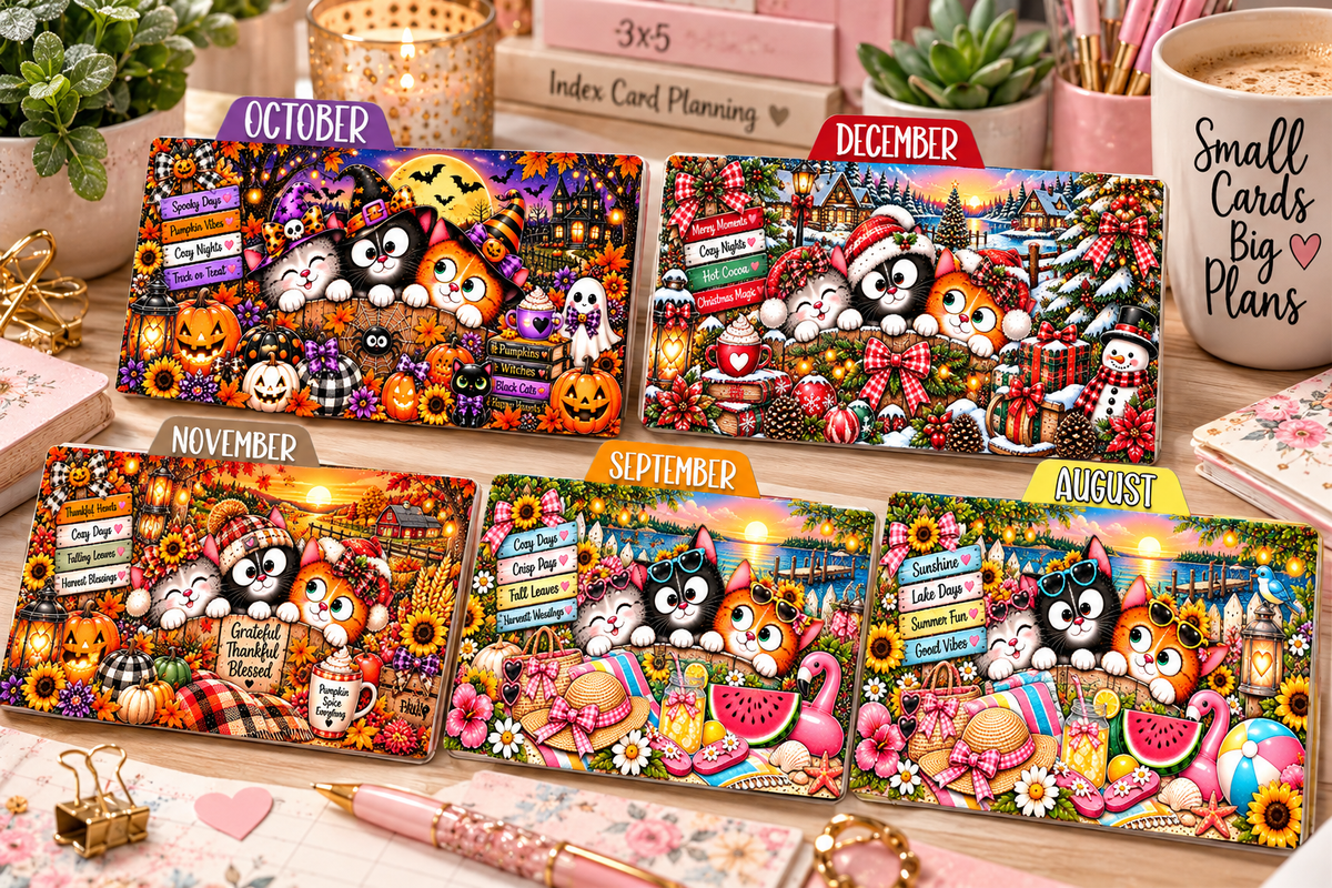 Cozy cat monthly tabbed divider mockup on desk