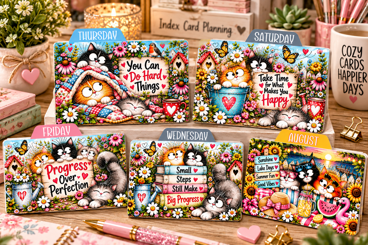 Cozy cat daily tabbed divider mockup on desk